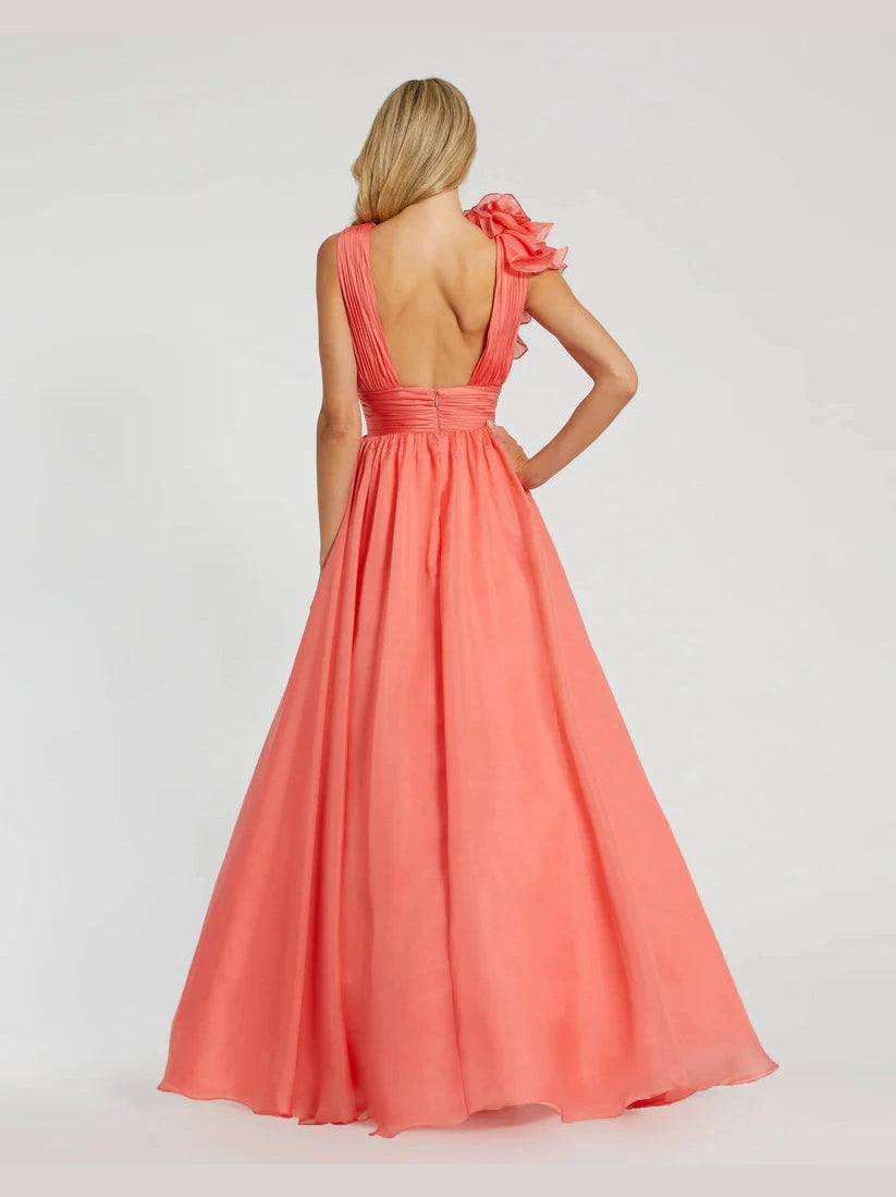 Ruffle Shoulder V-Neck Chiffon Gown