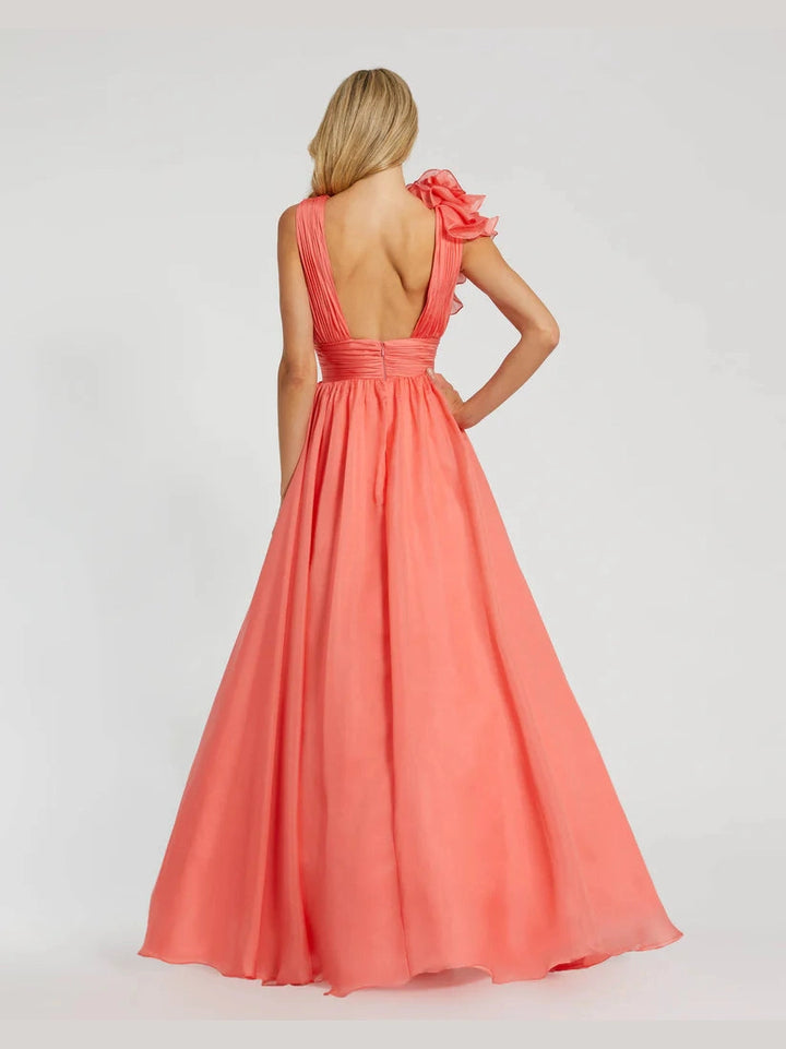 Ruffle Shoulder V-Neck Chiffon Gown