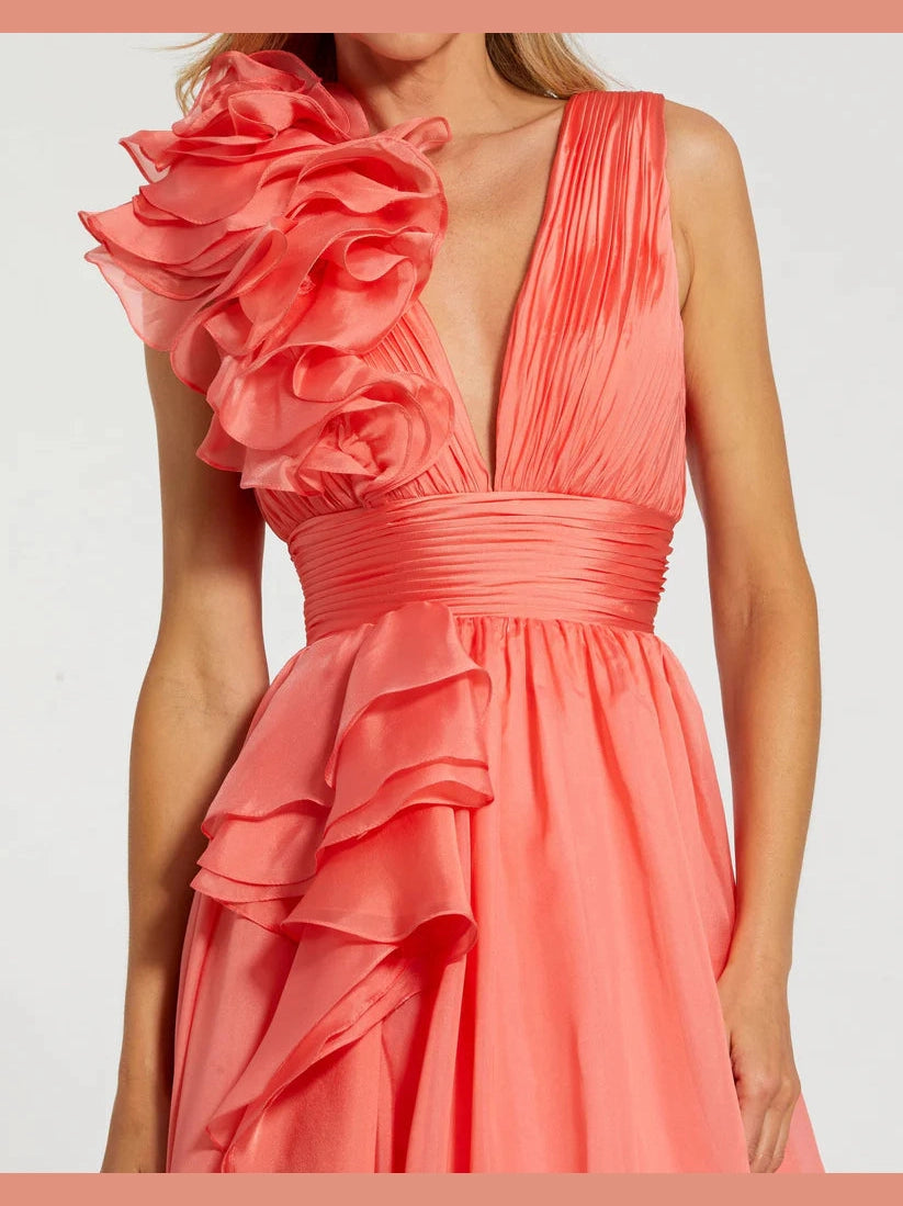 Ruffle Shoulder V-Neck Chiffon Gown