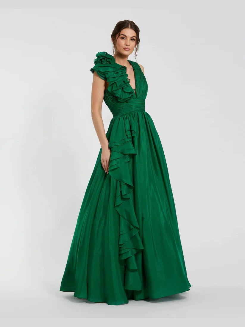 Ruffle Shoulder V-Neck Chiffon Gown