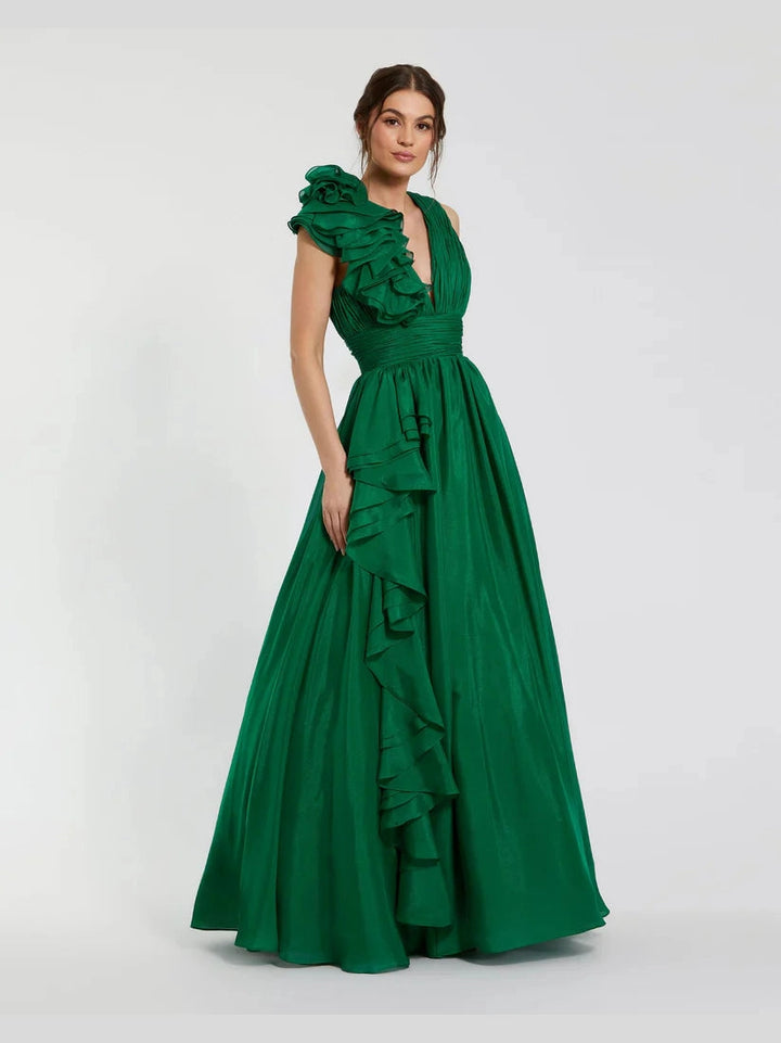Ruffle Shoulder V-Neck Chiffon Gown