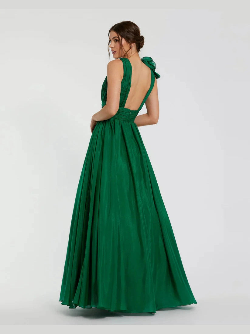 Ruffle Shoulder V-Neck Chiffon Gown