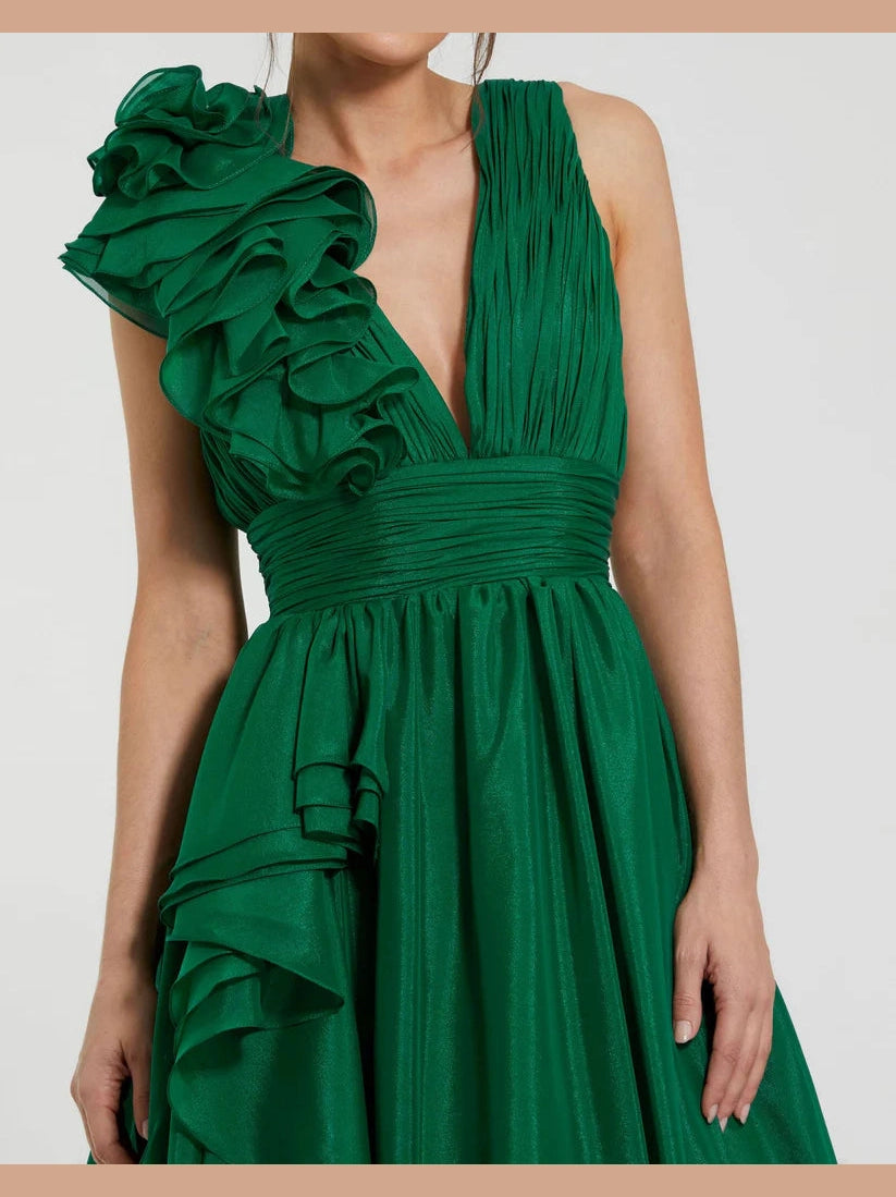 Ruffle Shoulder V-Neck Chiffon Gown
