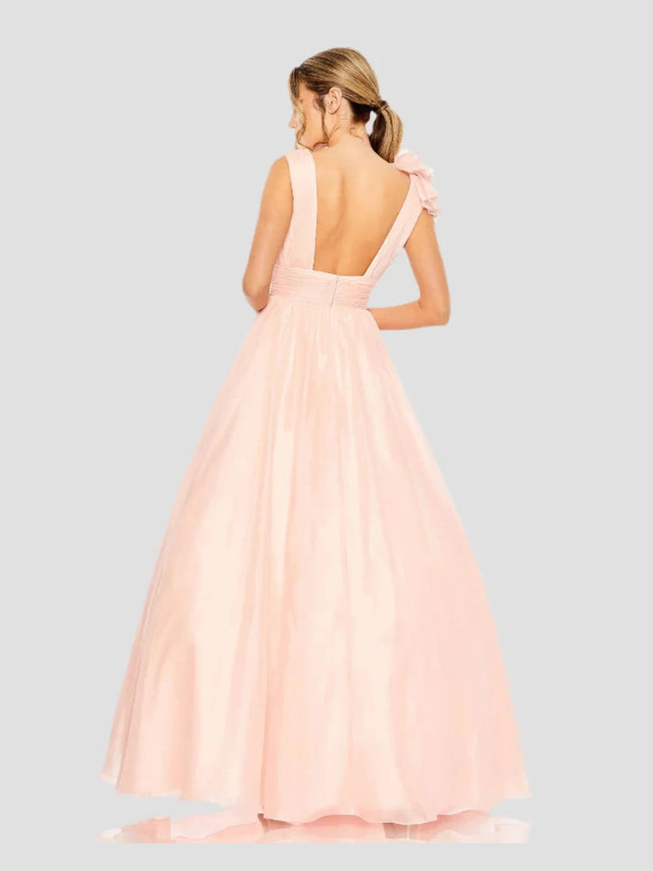Ruffle Shoulder V-Neck Chiffon Gown