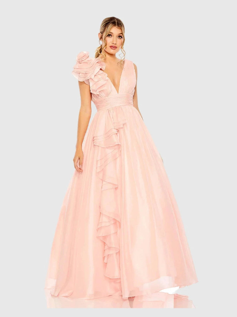 Ruffle Shoulder V-Neck Chiffon Gown