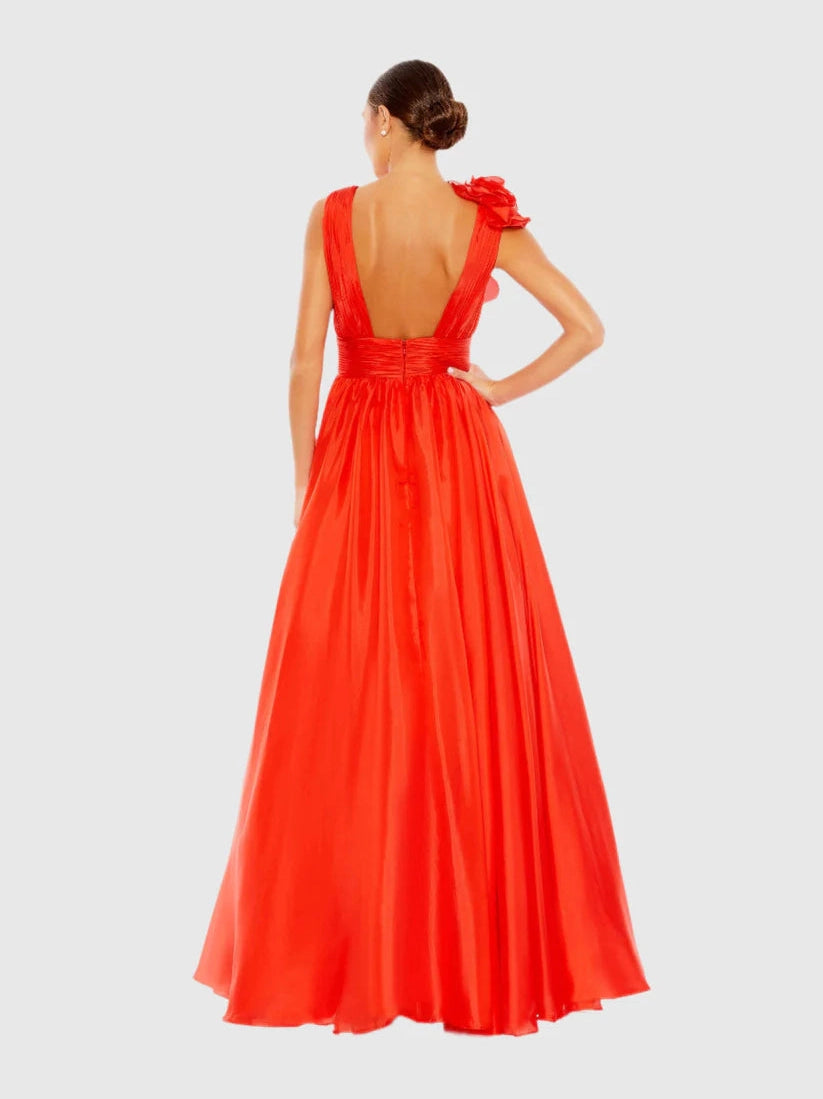 Ruffle Shoulder V-Neck Chiffon Gown