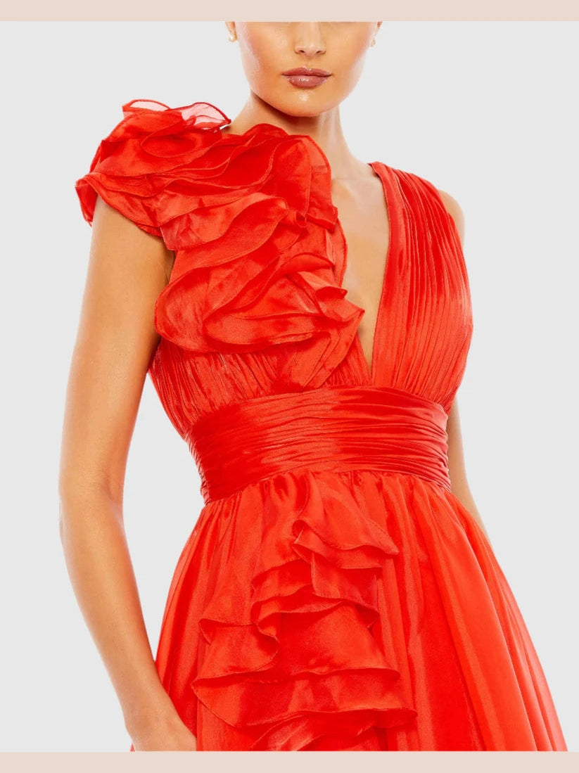 Ruffle Shoulder V-Neck Chiffon Gown