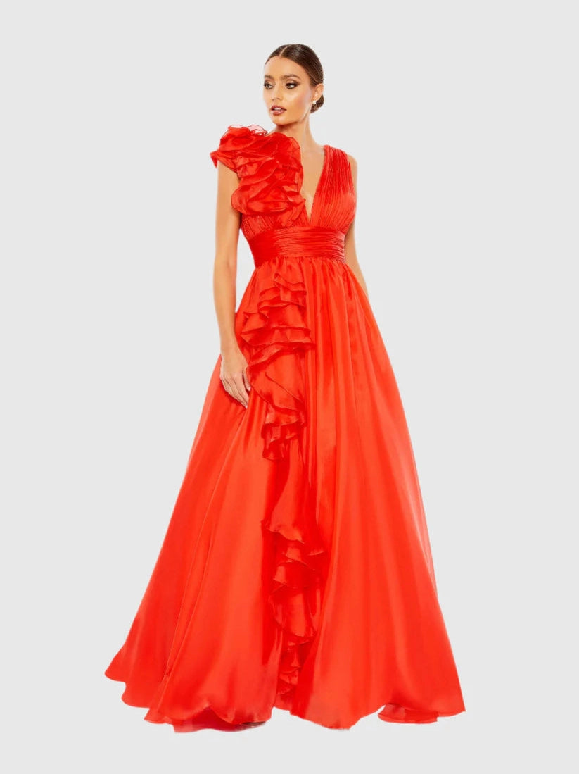 Ruffle Shoulder V-Neck Chiffon Gown