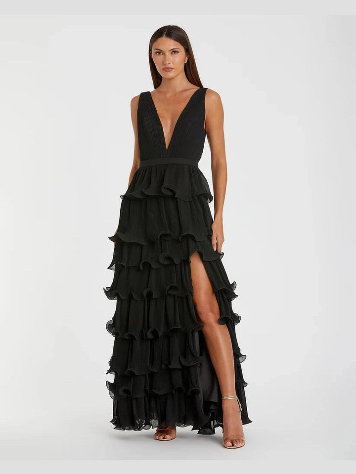 Sleeveless Ruffle Tiered V Neck Gown