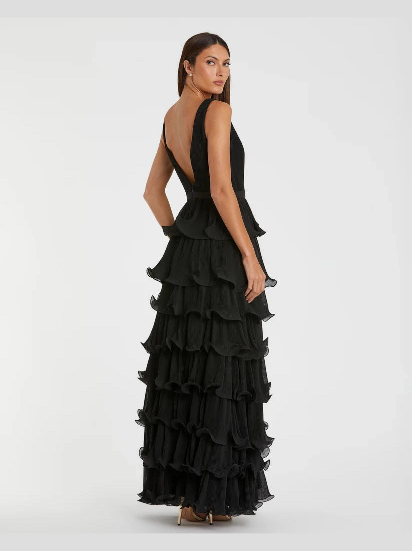Sleeveless Ruffle Tiered V Neck Gown