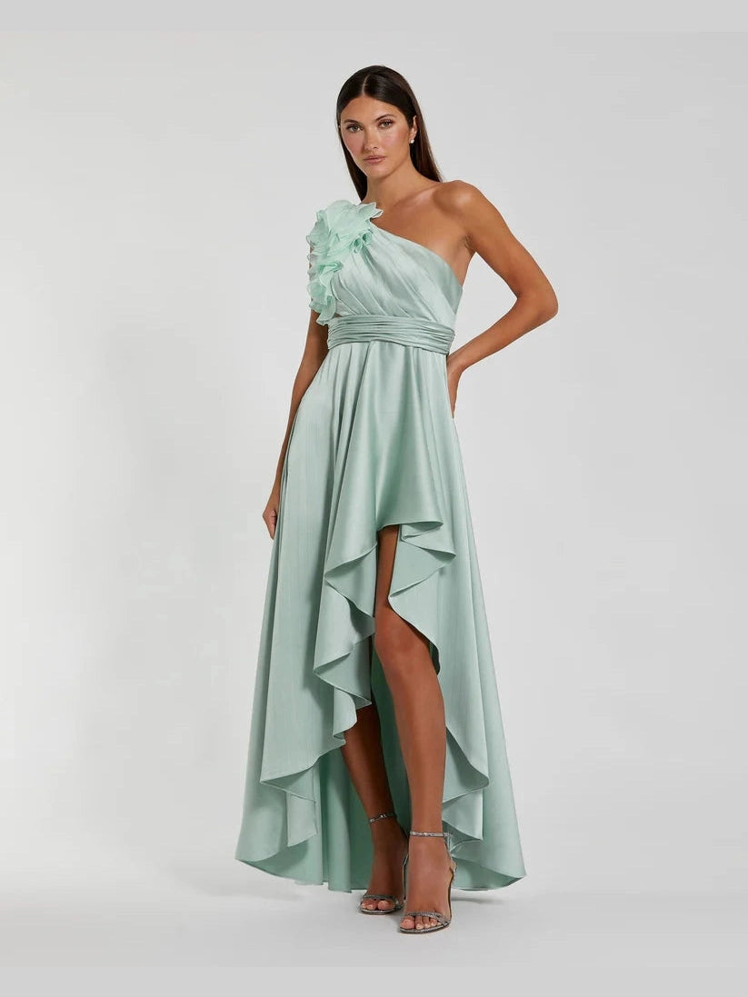 Ruffled One Shoulder Cut Out Hi-Low Gown