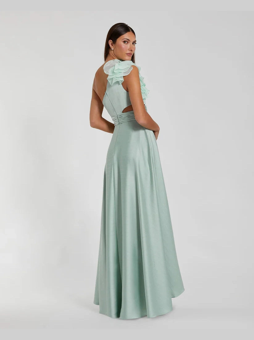 Ruffled One Shoulder Cut Out Hi-Low Gown