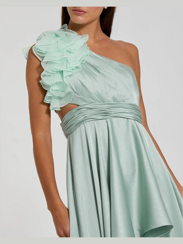 Ruffled One Shoulder Cut Out Hi-Low Gown