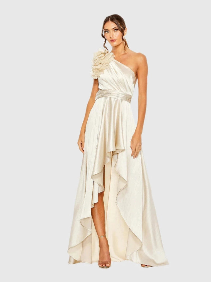 Ruffled One Shoulder Cut Out Hi-Low Gown