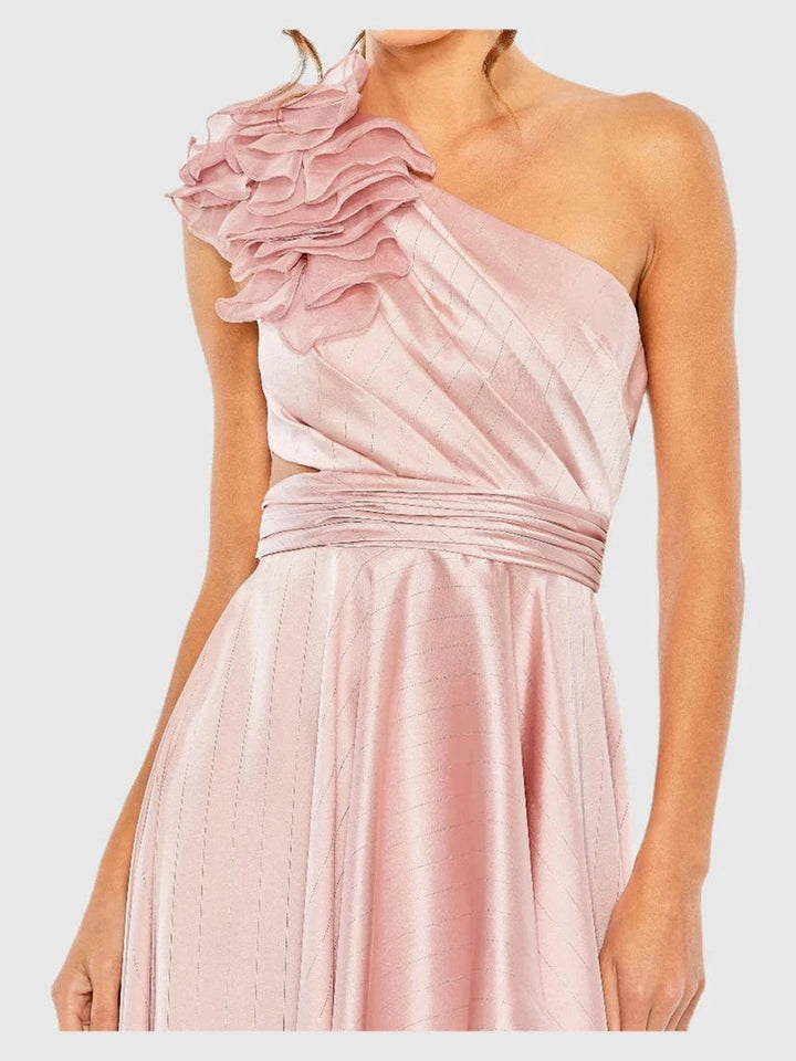 Ruffled One Shoulder Cut Out Hi-Low Gown
