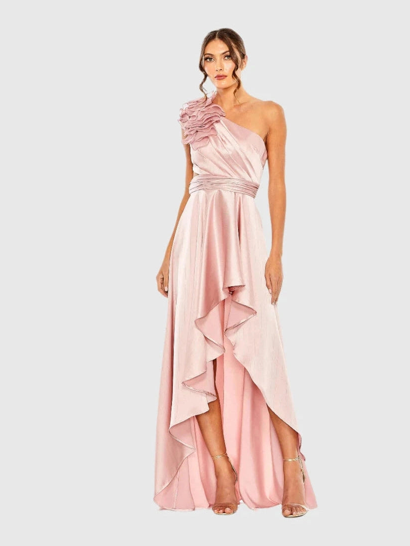 Ruffled One Shoulder Cut Out Hi-Low Gown