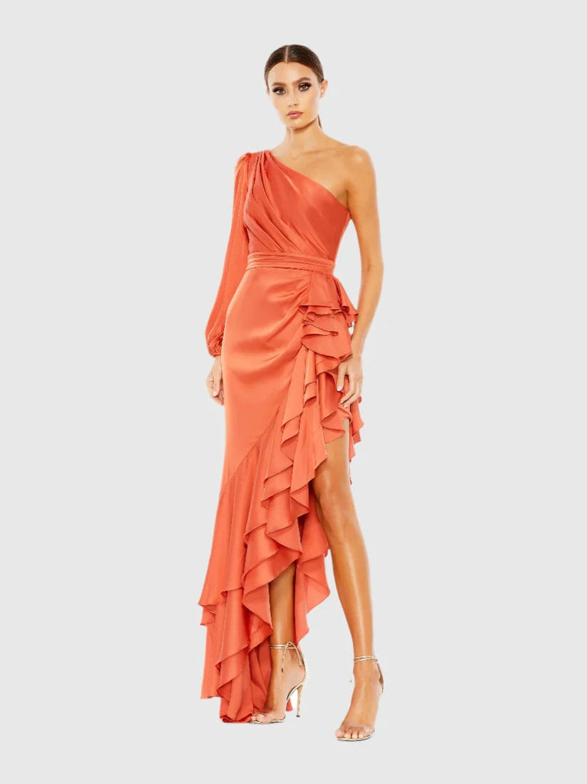 One Sleeve Cut Out Asymmetrical Ruffled Gown