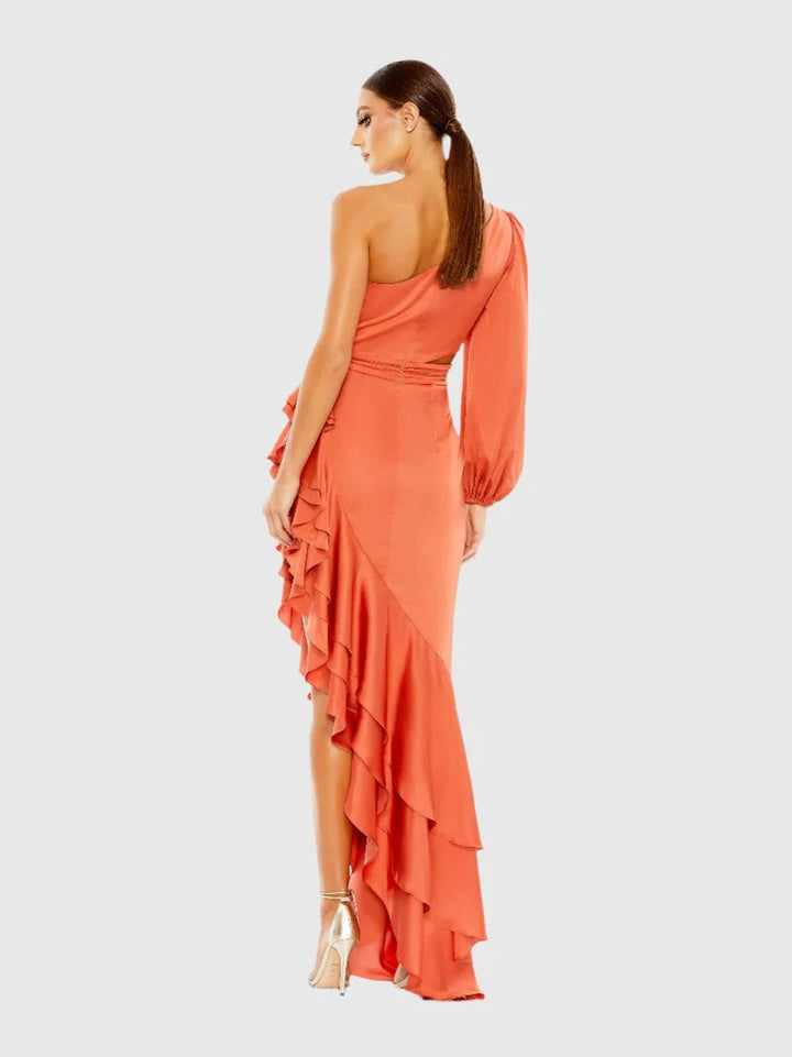 One Sleeve Cut Out Asymmetrical Ruffled Gown