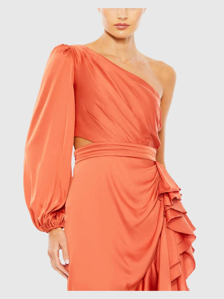 One Sleeve Cut Out Asymmetrical Ruffled Gown