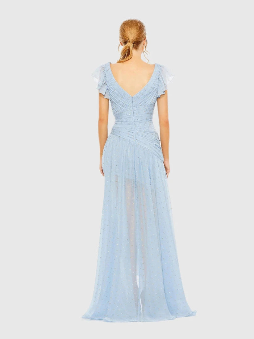 Asymmetrical Ruched Gown With Flutter Sleeves