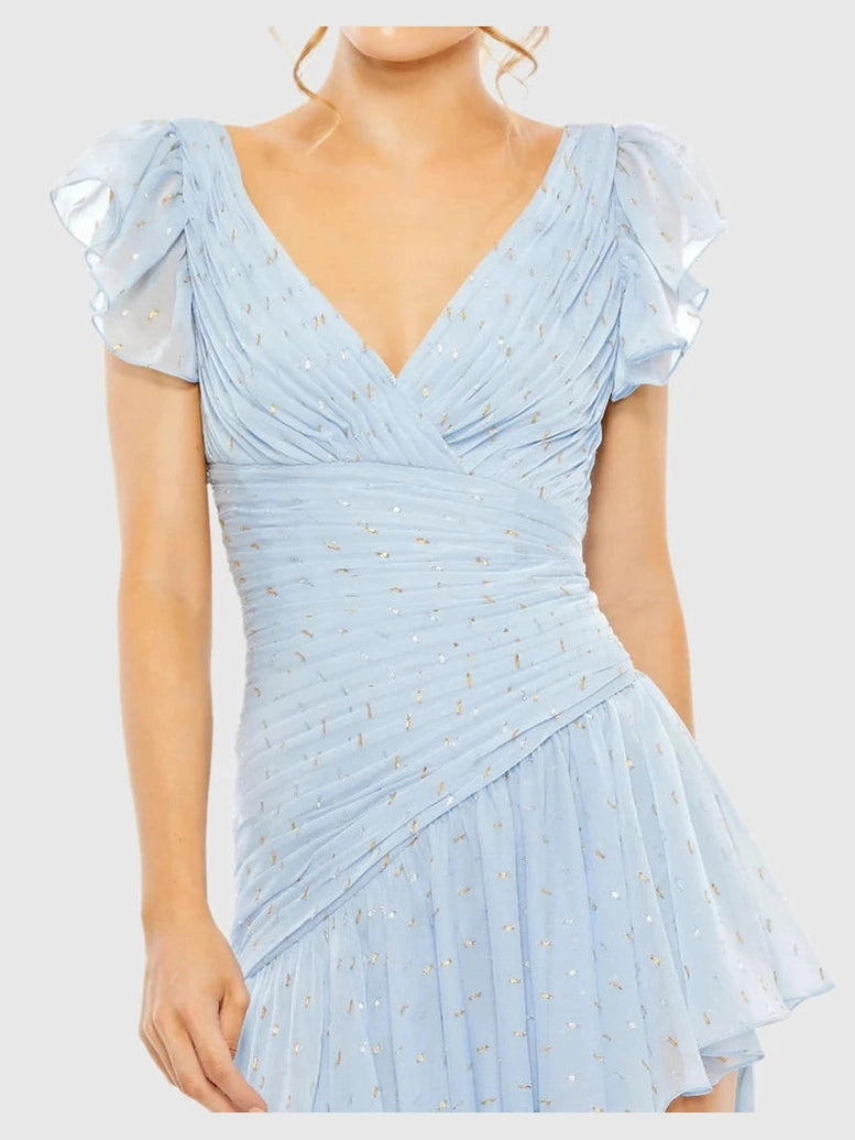 Asymmetrical Ruched Gown With Flutter Sleeves