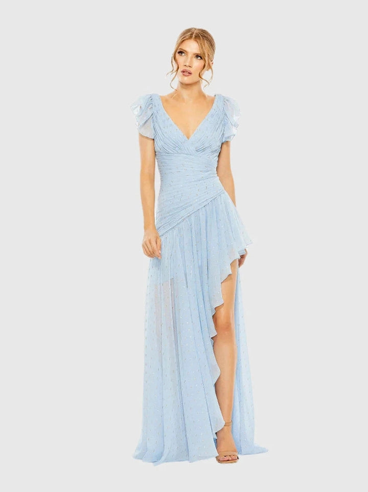Asymmetrical Ruched Gown With Flutter Sleeves