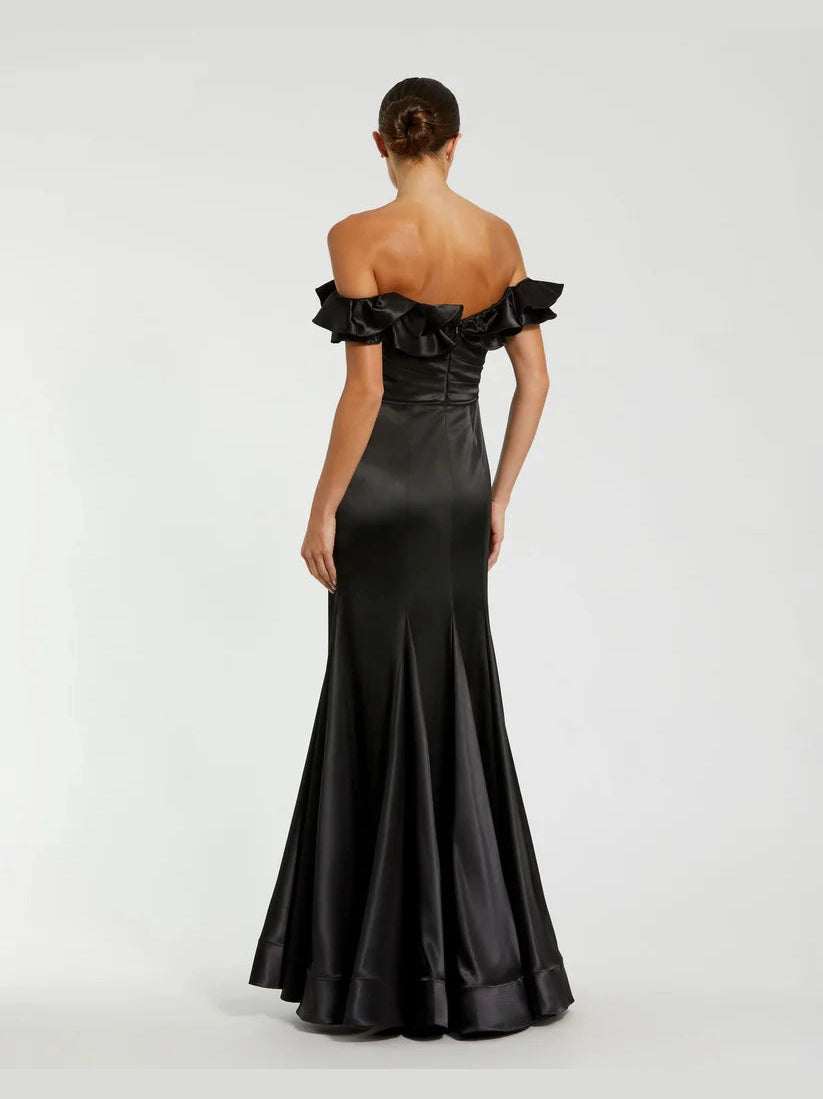 Satin Ruffle Off the Shoulder Mermaid Gown
