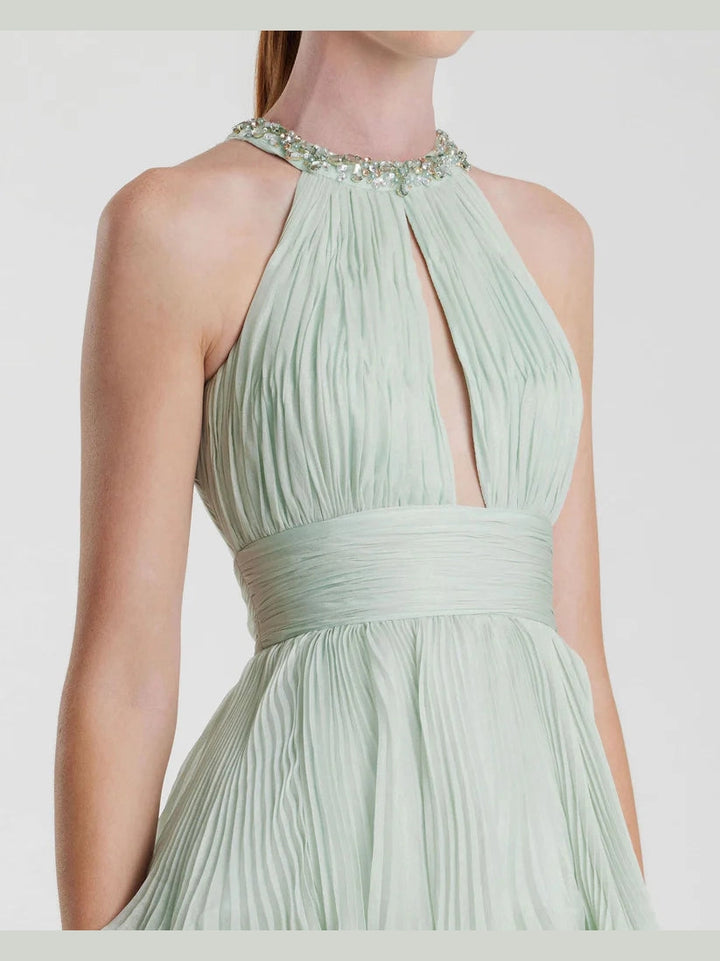 High Neck Chiffon Tiered Gown with Cut Out