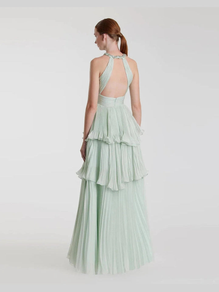 High Neck Chiffon Tiered Gown with Cut Out
