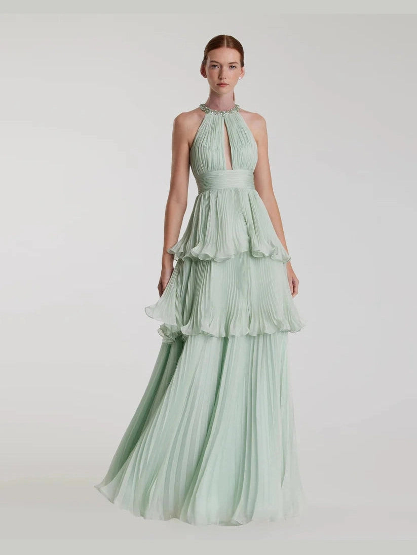High Neck Chiffon Tiered Gown with Cut Out