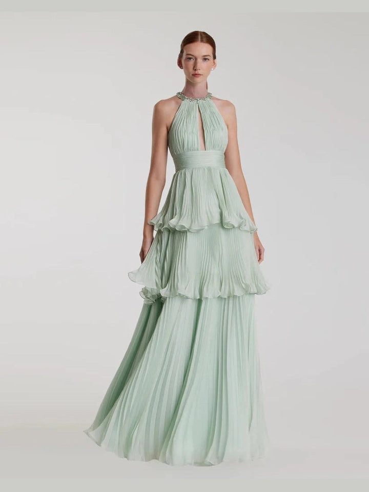 High Neck Chiffon Tiered Gown with Cut Out
