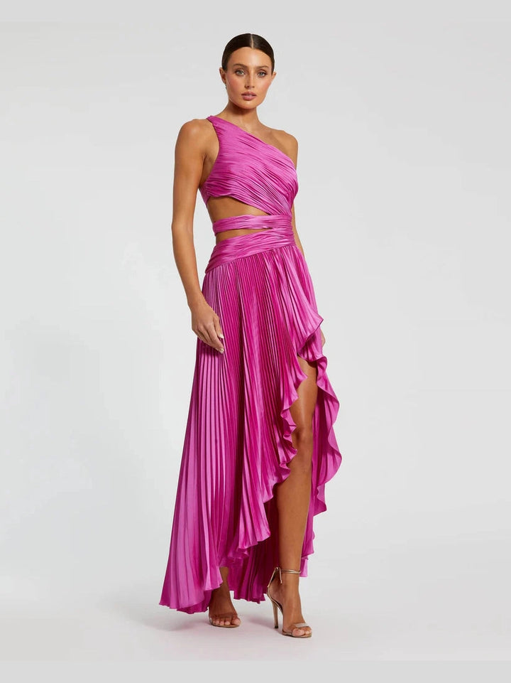 One Shoulder Pleated Charmeuse Gown with Slit