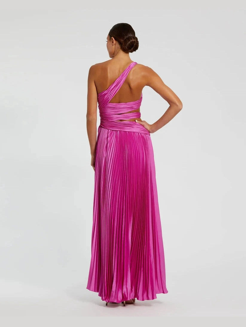 One Shoulder Pleated Charmeuse Gown with Slit
