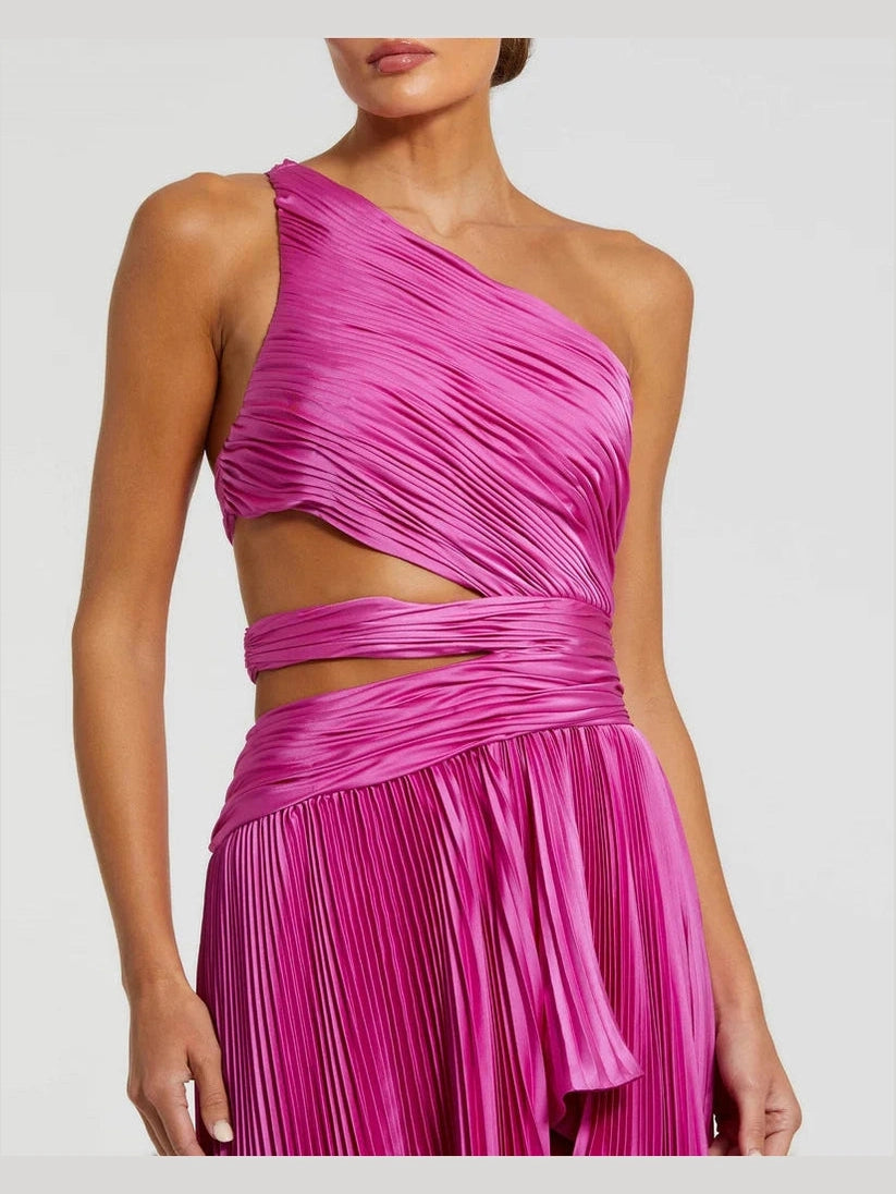 One Shoulder Pleated Charmeuse Gown with Slit