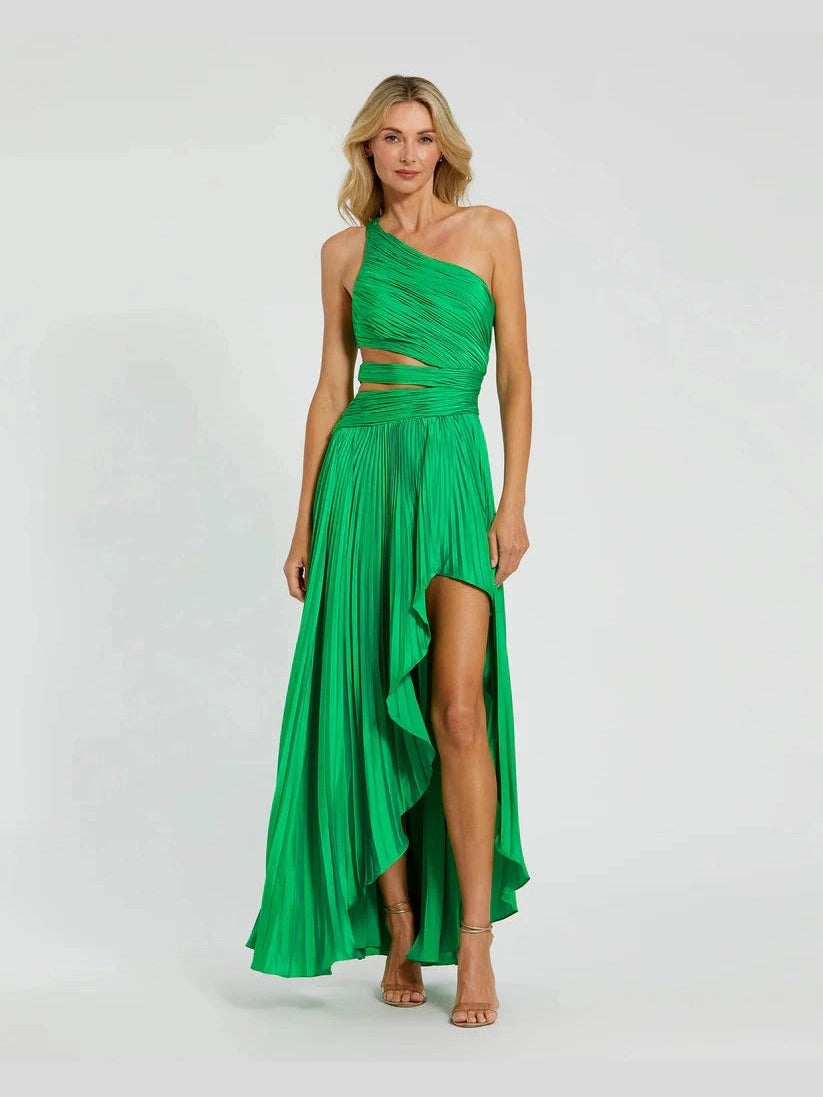 One Shoulder Pleated Charmeuse Gown with Slit