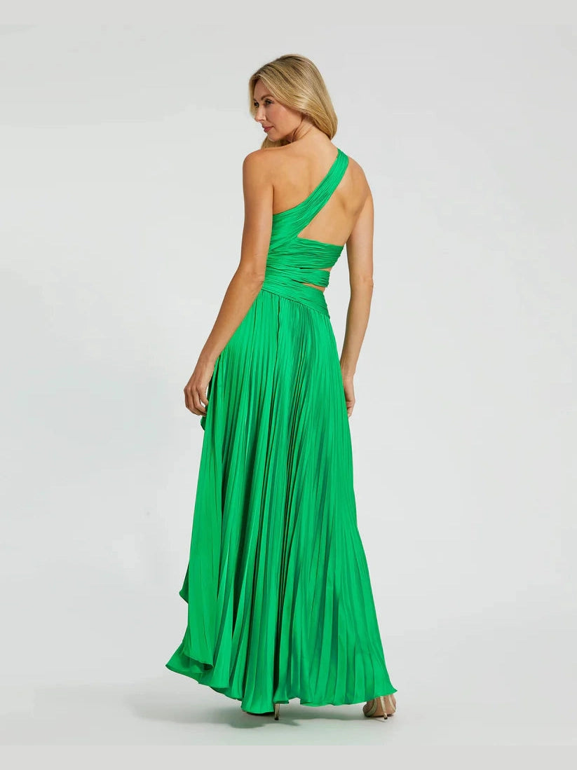 One Shoulder Pleated Charmeuse Gown with Slit