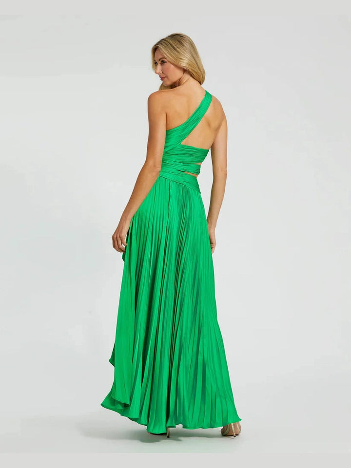 One Shoulder Pleated Charmeuse Gown with Slit