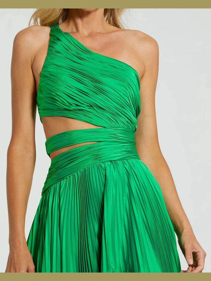 One Shoulder Pleated Charmeuse Gown with Slit