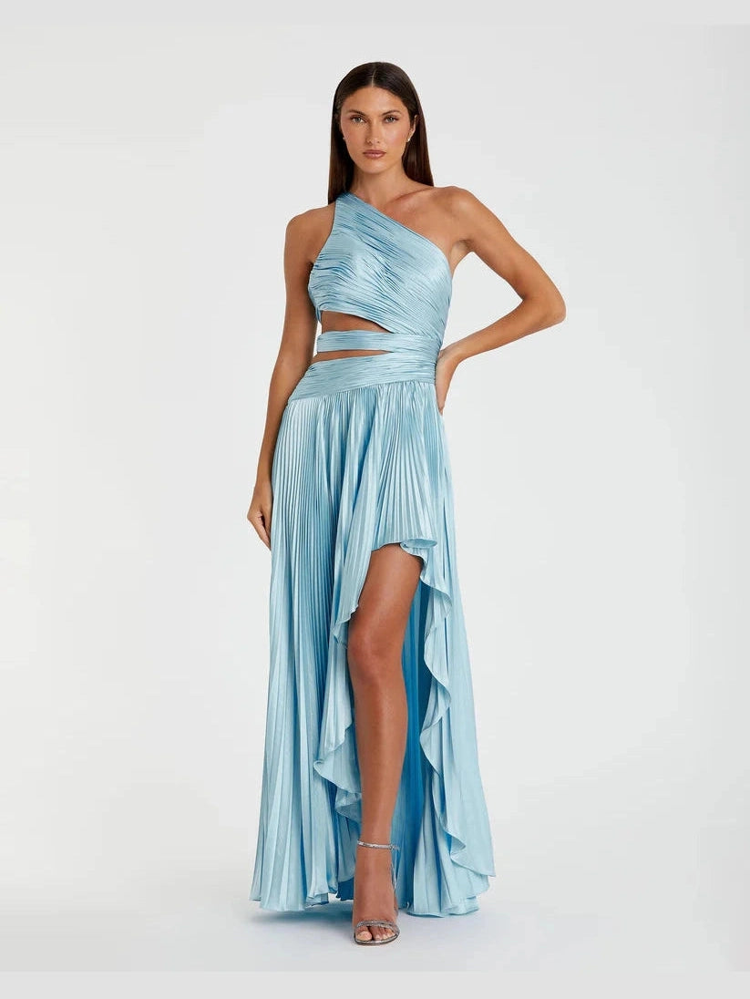 One Shoulder Pleated Charmeuse Gown with Slit