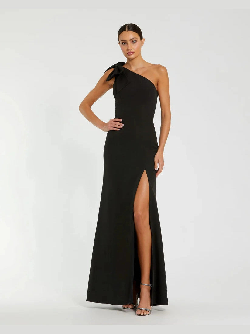 Crepe One Shoulder Fitted Gown With Bow