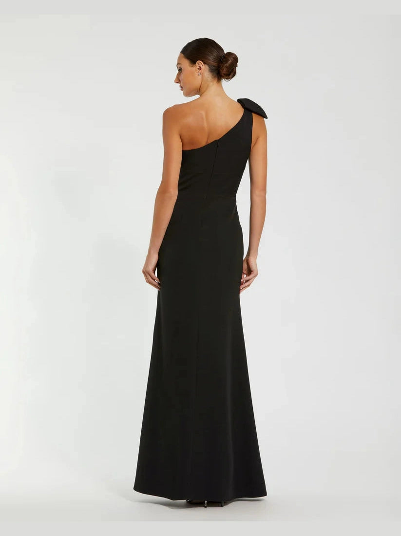 Crepe One Shoulder Fitted Gown With Bow