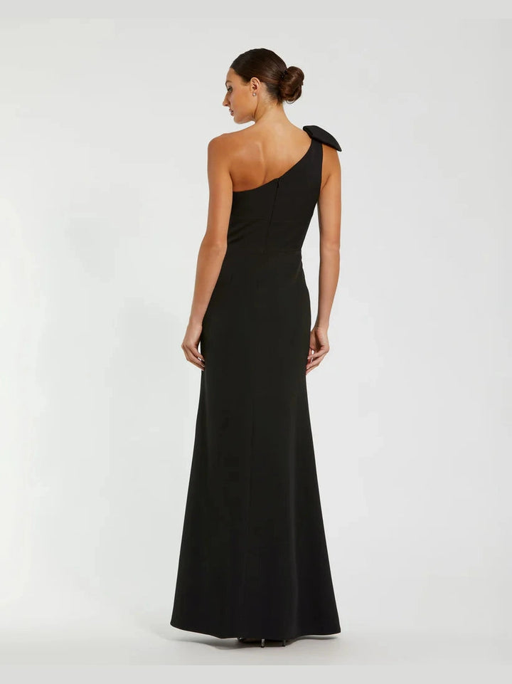 Crepe One Shoulder Fitted Gown With Bow