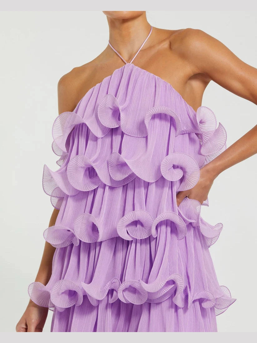 Purple Crinkle Chiffon Tiered Ruffle Halter Mini Dress