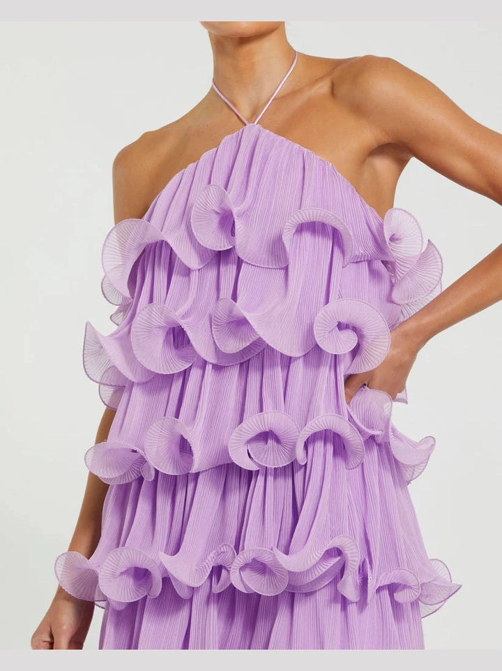 Purple Crinkle Chiffon Tiered Ruffle Halter Mini Dress