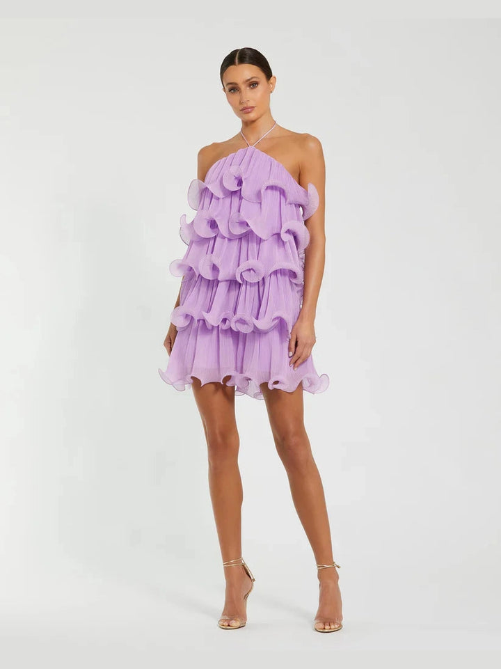 Purple Crinkle Chiffon Tiered Ruffle Halter Mini Dress