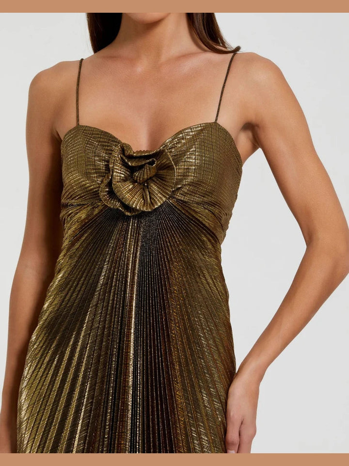 Thin Strap Pleated Metallic Gown With 3D Flower