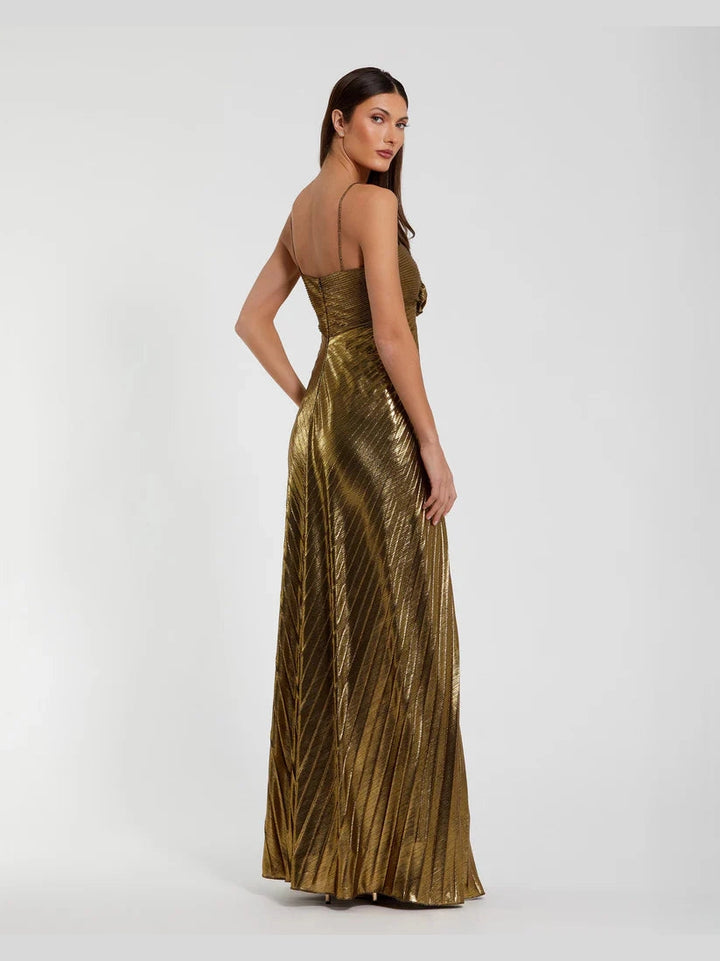 Thin Strap Pleated Metallic Gown With 3D Flower