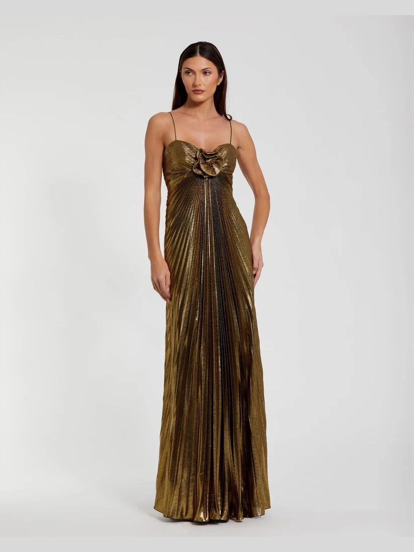 Thin Strap Pleated Metallic Gown With 3D Flower