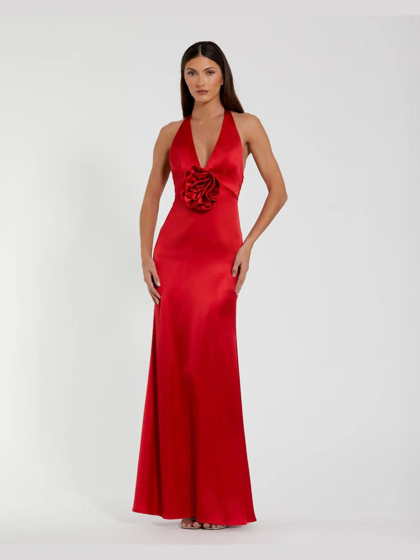 Fitted Satin Sleeveless V Neck Gown With 3D Flower
