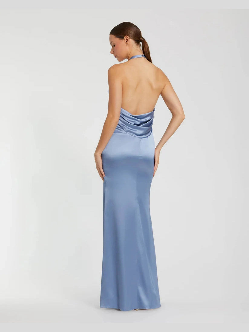 Fitted Satin Sleeveless V Neck Gown With 3D Flower